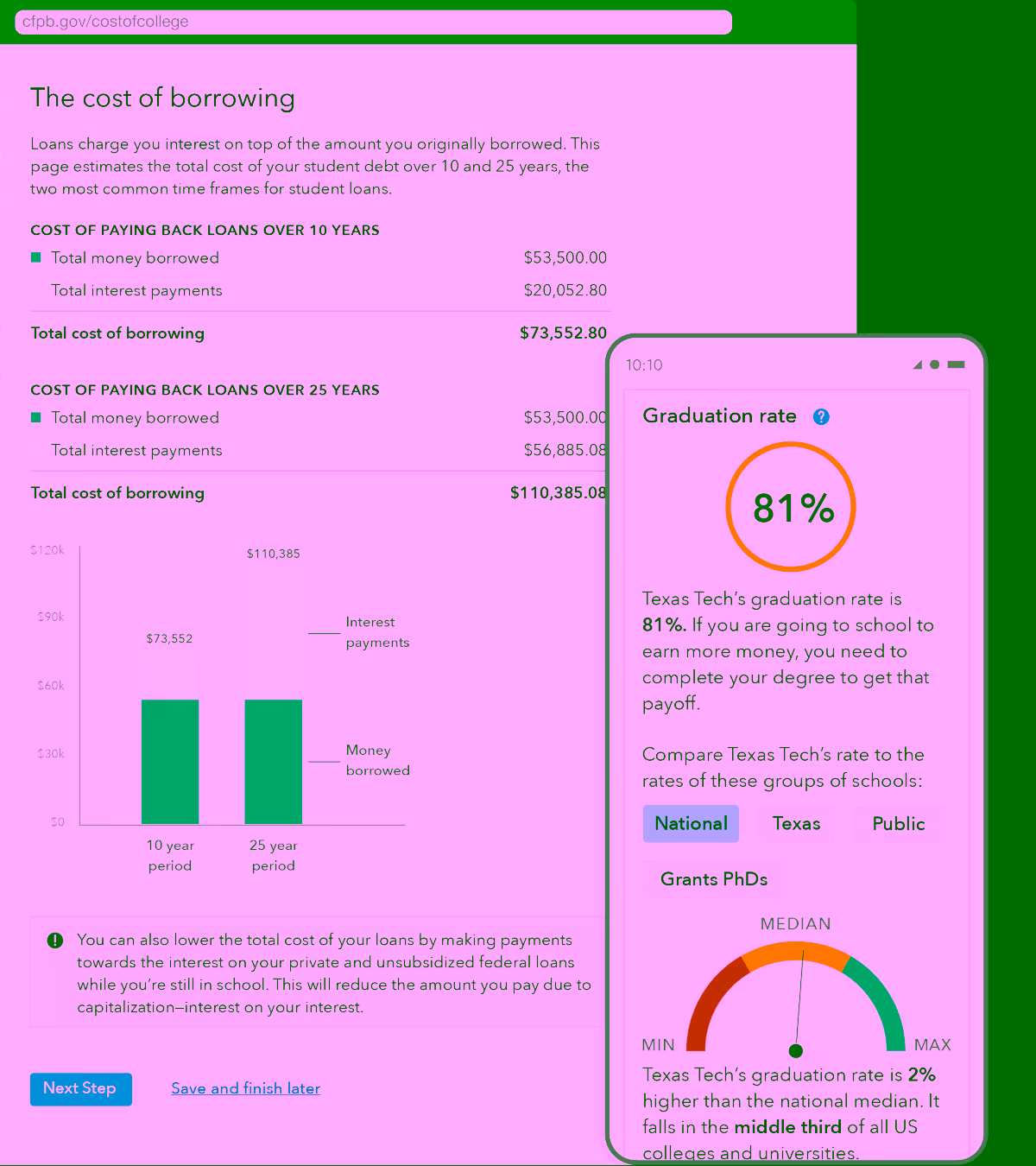 Two screens from the cost of college tool at desktop and mobile size.