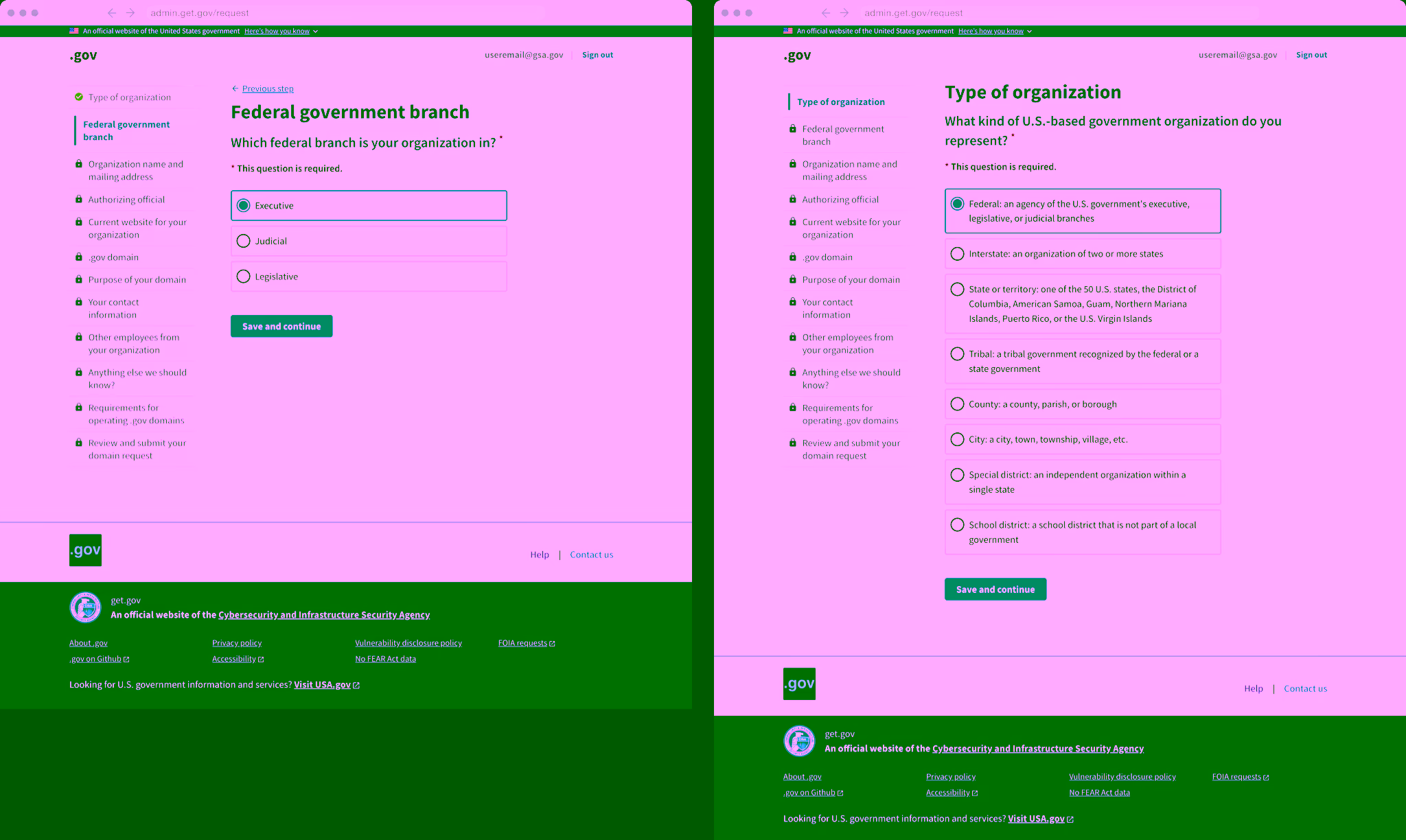 Two of the form pages in the domain registration process. On the left, the federal branch selection screen. On the right the government organization type selection screen.