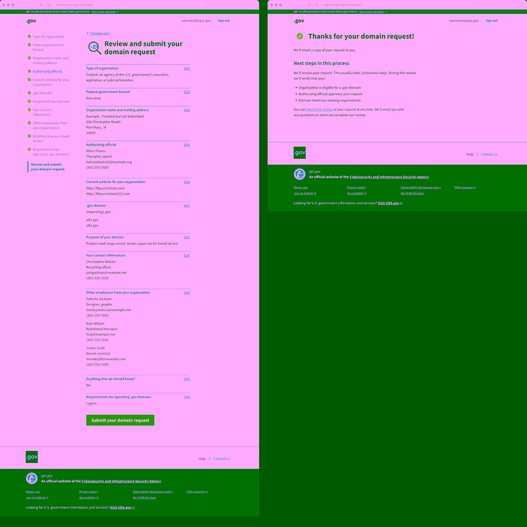 Two of the form pages toward the end of the domain registration process. On the left, the review page where users can check their inputs. On the right the thank you page confirming their submission.