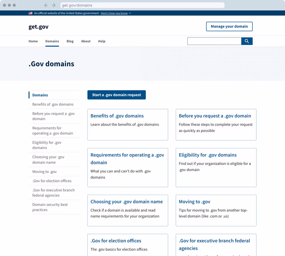 Designs for the domains page on get.gov which provides users with links to documentation and helpful resources.
