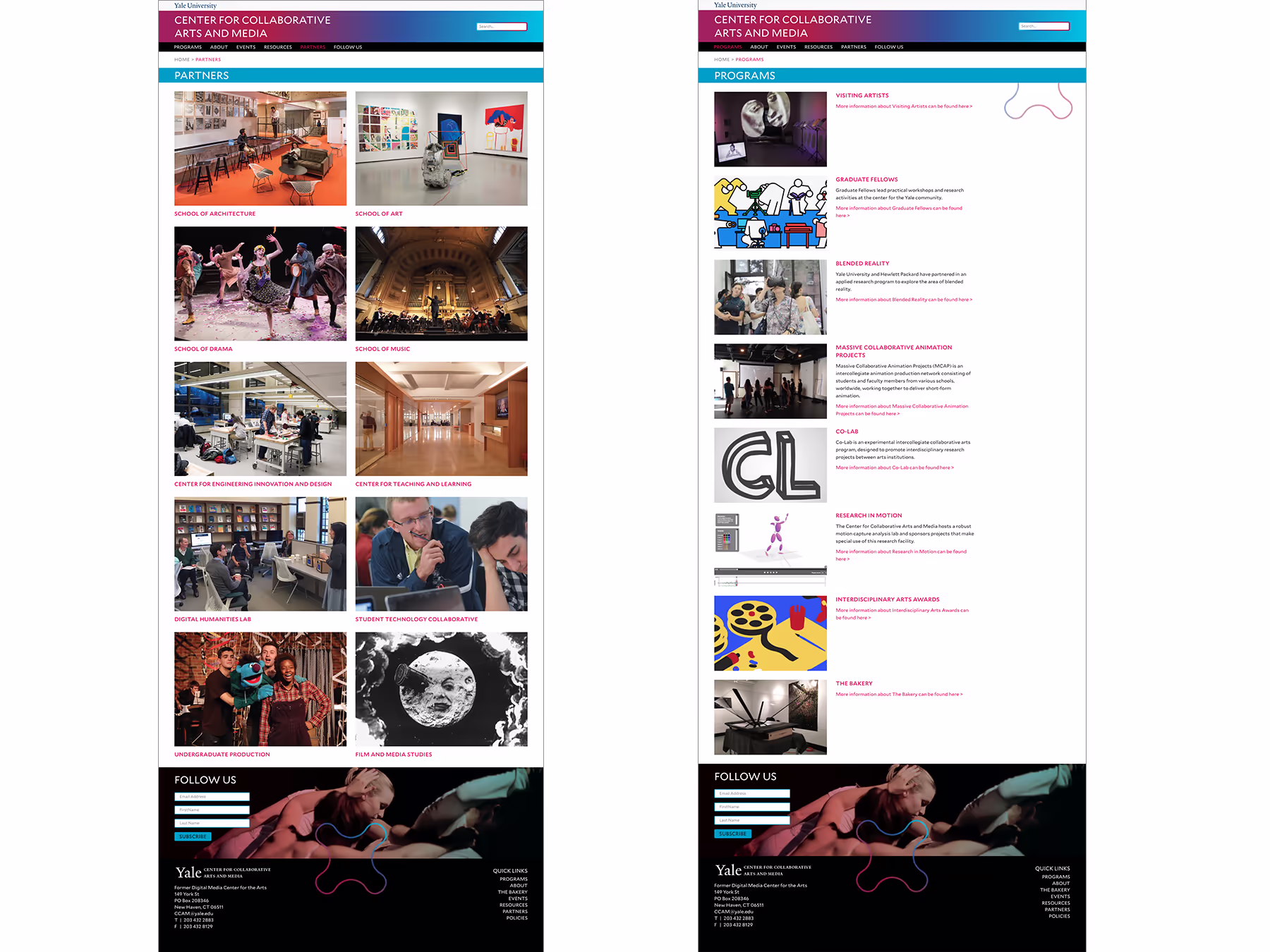 Designs for two full pages from the CCAM website showing the Partners page on the left, and the programs page on the right