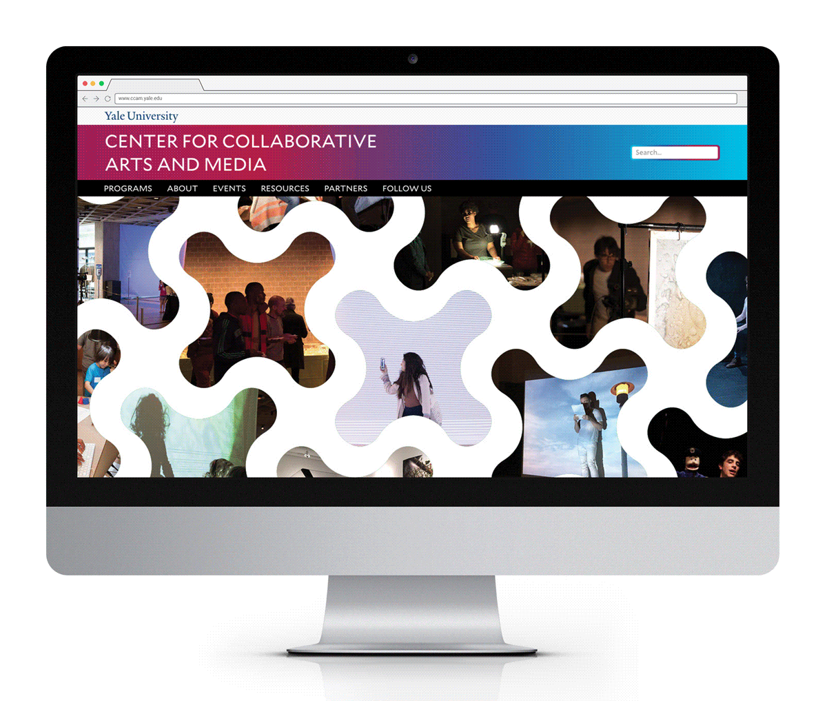 Animation showing a scroll of the home page for the ccam website, featuring the hero image which uses a pattern based on the logo
